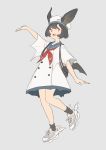  1girl :d animal_ears bangs bat_ears bat_wings black_hair black_legwear blue_legwear dress full_body hat highres mogumo open_mouth original purple_eyes sailor_dress sharp_teeth shoes short_hair simple_background smile sneakers socks solo teeth wings 