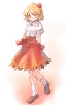  1girl aki_shizuha arms_behind_back black_footwear blonde_hair clothes_around_waist collared_shirt commentary_request full_body hair_ornament leaf_hair_ornament looking_at_viewer orange_eyes rangycrow red_skirt shirt shirt_around_waist shoes short_hair skirt sleeves_rolled_up smile socks solo touhou white_legwear white_shirt 