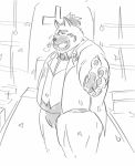  2020 anthro belly blush canid canine canis clothing domestic_dog edible2582 eyes_closed hi_res humanoid_hands kemono male mammal monochrome overweight overweight_male shirt solo sumo tokyo_afterschool_summoners topwear video_games yasuyori 