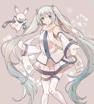  1girl animal arm_at_side armpit_peek bare_shoulders blue_eyes blue_neckwear blue_scarf breasts bunny detached_sleeves dot_nose eyelashes feet_out_of_frame fringe_trim grey_background grey_hair grey_skirt hair_between_eyes happy hatsune_miku headset knees_together_feet_apart long_hair looking_at_viewer mittens necktie outstretched_arm pleated_skirt rabbit_yukine scarf shakemi_(sake_mgmgmg) shirt sidelocks simple_background skirt sleeveless sleeveless_shirt small_breasts smile snow snowflake_print sparkle standing thighhighs twintails very_long_hair vocaloid white_legwear white_mittens white_scarf white_shirt yuki_miku yuki_miku_(2011) zettai_ryouiki 