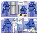  absurd_res anthro apple big_breasts big_butt breasts butt cake cleavage clothed clothing comic dialogue dumbbell duo eating english_text equid exercise female food friendship_is_magic fruit fully_clothed hand_on_hip hi_res horn huge_butt lordstormcaller mammal my_little_pony overweight plant princess_celestia_(mlp) princess_luna_(mlp) sibling sister sisters sitting solo text weight_gain weights winged_unicorn wings 