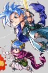  1boy 1girl :&lt; alternate_hair_color blue_eyes blue_hair bob_cut brother_and_sister cape dragon_quest dragon_quest_v electricity fire grey_background hair_ribbon hankuri hero&#039;s_daughter_(dq5) hero&#039;s_son_(dq5) magic ribbon short_hair siblings simple_background spiked_hair sword twins weapon yellow_ribbon 