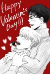  2boys blush chocolate feeding glasses greyscale happy_valentine heart highres katsuki_yuuri koizumi_riu leaning_on_person male_focus monochrome multiple_boys open_mouth red_background smile sweater turtleneck turtleneck_sweater valentine viktor_nikiforov yaoi yuri!!!_on_ice 