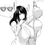  1girl bangs black_hair bowl bra breasts cleavage closed_mouth collared_shirt commentary_request finger_to_chin greyscale holding holding_bra huge_breasts kurokawa_otogi large_breasts long_hair monochrome open_clothes open_shirt original shirt translation_request underwear white_shirt 