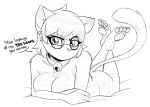  &lt;3 2020 alfa995 anthro bell bell_collar breasts collar dialogue domestic_cat english_text eyewear felid feline felis female glasses hair heart_nose looking_at_viewer lying mammal monochrome on_front pawpads queen_(alfa995) short_hair sketch solo talking_to_viewer text 