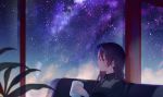  1girl achiki black_hair black_shirt blue_eyes collared_shirt cup expressionless holding holding_cup indoors long_hair looking_away milky_way mug night night_sky original profile scenery shirt sky solo star_(sky) starry_sky window 