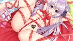  1girl azur_lane bangs between_breasts blush bound box breasts eat_me gift gift_box hair_bun hair_ribbon heart-shaped_box long_hair looking_at_viewer lying medium_breasts mouth_hold naked_ribbon navel nc731 on_back one_side_up pillow purple_eyes purple_hair red_ribbon ribbon ribbon_bondage ribbon_in_mouth skindentation solo spread_legs stomach unicorn_(azur_lane) valentine 