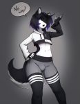  absurd_res anthro belly bulge canid canine canis clothing crop_top curvaceous curvy_figure domestic_dog girly hand_on_hip hi_res highlights_(coloring) hoodie husky kino_strife leggings legwear mammal monochrome nordic_sled_dog sassy shirt siberian_husky smug speech_bubble spitz suelix tights topwear voluptuous 