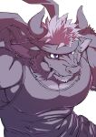  abs accessory bovid bovine cattle clothed clothing hair headband hi_res horn male mammal muscular muscular_male pecs purple_eyes sakuhuu shennong shirt solo tank_top tokyo_afterschool_summoners topwear video_games 