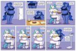  3:2 absurd_res anthro big_breasts bound breasts cake candle cleavage clothed clothing comic dialogue duo eating english_text equid female food friendship_is_magic fully_clothed hi_res horn lit_candle lordstormcaller magic mammal my_little_pony overweight princess_celestia_(mlp) princess_luna_(mlp) rope sibling sister sisters sitting solo text weight_gain winged_unicorn wings 