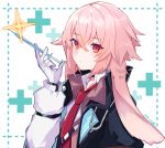  1boy ansel_(arknights) arknights black_jacket blush eyebrows_visible_through_hair gloves highres jacket long_hair long_sleeves looking_at_viewer macchoko necktie pink_hair red_eyes red_neckwear solo stethoscope syringe white_background 