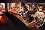  1boy black_gloves blue_eyes car_interior checkered_pants city coat coffee_cup commentary_request cup disposable_cup facial_hair fate/grand_order fate_(series) glasses gloves holding_map itefu james_moriarty_(fate/grand_order) male_focus map mustache sitting white_hair 