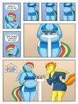  3:4 absurd_res anthro big_breasts breasts comic dialogue doughnut eating english_text equid equine female food friendship_is_magic hand_on_hip hi_res lordstormcaller mammal my_little_pony overweight pterippus rainbow_dash_(mlp) spitfire_(mlp) text thick_thighs weight_gain wings wonderbolts_(mlp) 