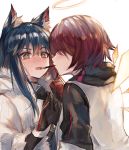  2girls animal_ear_fluff animal_ears arknights black_hair blush closed_eyes exusiai_(arknights) fangs gloves halo highres jacket long_hair looking_at_another multiple_girls nose_blush open_clothes open_jacket open_mouth raglan_sleeves red_hair ryuuji_teitoku short_hair simple_background sweatdrop texas_(arknights) upper_body white_background white_jacket wolf_ears yuri 