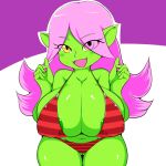  1:1 2020 big_breasts blush bra breasts butt_from_the_front clothing cute_fangs dart_(thecon) female goblin green_body hair hi_res huge_breasts humanoid humanoid_pointy_ears looking_at_viewer navel nipple_outline not_furry open_mouth pink_hair short_stack smile solo sugaru underwear yellow_eyes 
