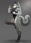  absurd_res barefoot big_breasts breasts canid canine female fur grey_body grey_fur hi_res mammal muscular muscular_female pawpads pgm300 simple_background thick_thighs 