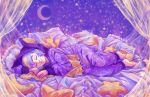  1girl closed_eyes commentary commission crescent_moon curtains english_commentary full_body highres moon multicolored_hair night night_sky original pajamas pillow rosewater sky sleeping smile solo star_(sky) starry_sky two-tone_hair 