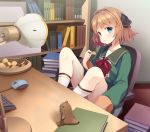  1girl bangs blue_eyes blush bokukawauso book bookshelf bowl brown_hair checkerboard_cookie cookie desk eyebrows_visible_through_hair food green_sailor_collar hachijou_(kantai_collection) hair_ribbon holding holding_food indoors kantai_collection keyboard kneehighs lamp long_sleeves mofu_namako mouse_(computer) panties pocky red_neckwear ribbon sailor_collar school_uniform serafuku short_hair sitting solo underwear 