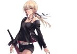  1girl applekun artoria_pendragon_(all) bangs belt black_camisole black_jacket black_ribbon black_shorts blonde_hair closed_mouth cross cross_necklace dark_excalibur dark_persona fast_food fate/grand_order fate/stay_night fate_(series) jacket jet_black_king_of_knights_ver._shinjuku_1999 jewelry low_ponytail low_tied_hair necklace off_shoulder ribbon saber_alter shirt short_shorts shorts sleeveless sleeveless_shirt sword weapon white_belt yellow_eyes 