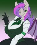  2020 anthro bat_pony bat_wings big_breasts bottomwear breasts clothed clothing equid fan_character female formal fully_clothed gloves green_eyes handwear hi_res looking_at_viewer mammal membrane_(anatomy) membranous_wings my_little_pony necktie skirt smug solo suit topwear toughset vest windseeker_(oc) wings 