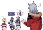  ... 4girls ?? animal_ears arknights black_hair black_legwear blonde_hair clenched_hands flying_sweatdrops gloves grey_hair hood hooded_jacket jacket lappland_(arknights) long_hair multiple_girls navel projekt_red_(arknights) shorts silver_hair simple_background sora_(arknights) spoken_ellipsis tail texas_(arknights) thighhighs towtow_redoland trembling twintails white_background white_legwear 