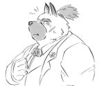  2020 anthro blush canid canine canis clothing cute_fangs domestic_dog edible2582 humanoid_hands kemono mammal monochrome overweight scar shirt simple_background solo tokyo_afterschool_summoners topwear video_games yasuyori 