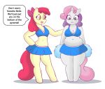  apple_bloom_(mlp) big_breasts breast_size_difference breasts cheerleader cleavage clothed clothing dialogue duo equid female friendship_is_magic hi_res horn lordstormcaller mammal my_little_pony semi-anthro simple_background slightly_chubby sweetie_belle_(mlp) thick_thighs unicorn white_background 