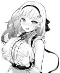  1girl :d anchor_choker apron azur_lane bangle bangs black_ribbon blush bracelet breasts commentary dido_(azur_lane) earrings eyebrows_visible_through_hair frills greyscale hair_ribbon hairband hands_on_own_breasts heart heart_earrings hori_(hori_no_su) jewelry large_breasts maid_headdress medium_hair monochrome open_mouth ribbon simple_background smile solo tears underboob underboob_cutout upper_body waist_apron white_background white_hair 