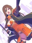  1girl armor boobplate breastplate breasts brown_hair cleavage dutch_angle eyepatch faulds gloves hair_ornament haori highres hisho_collection japanese_armor japanese_clothes katana kote kusazuri long_hair looking_at_viewer medium_breasts nagisa_kurousagi one_eye_covered open_mouth purple_eyes samurai shoulder_armor sode solo standing sword thighhighs weapon 