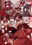 avian bird bodily_fluids brown_horn clawed_hands comic dialogue digital_media_(artwork) english_text hair hi_res horn horned_humanoid humanoid inside male monster_girl_(genre) open_mouth red_eyes shriekingmagpie simple_background sweat sweatdrop text white_hair