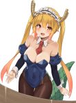  1girl :d bare_shoulders blonde_hair blue_leotard breasts brown_legwear bunnysuit cleavage collarbone commission covered_navel detached_collar detached_sleeves dragon_horns dragon_tail fang groin highres horns kobayashi-san_chi_no_maidragon large_breasts leotard long_hair long_sleeves looking_at_viewer maid_headdress necktie open_mouth orange_eyes pantyhose ryan_edian short_necktie simple_background smile solo standing tail tooru_(maidragon) very_long_hair white_background 
