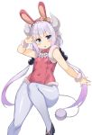  1girl absurdres animal_ears arm_up bare_shoulders blue_eyes bunny_ears bunnysuit commission covered_navel dragon_horns fake_animal_ears fur_trim gradient_hair hair_ornament hairband highres horns kanna_kamui kobayashi-san_chi_no_maidragon leotard long_hair looking_at_viewer low_twintails multicolored_hair open_mouth pantyhose pink_leotard ryan_edian shoes silver_hair simple_background solo tail twintails v-shaped_eyebrows very_long_hair w white_background white_legwear 