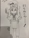  1girl :d animal_ears apron chef_hat chef_uniform dated eyebrows_visible_through_hair frying_pan gem greyscale hat highres holding imaizumi_kagerou ladle marker_(medium) monochrome open_mouth pants photo poronegi scarf signature smile solo standing tail touhou traditional_media translation_request waist_apron wolf_ears wolf_tail 