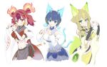  3girls absurdres animal_ears bare_shoulders bell bell_earrings bike_shorts blonde_hair blue_eyes blue_hair breasts bridal_gauntlets cat_ears crop_top detached_sleeves duel_monster ear_bell earrings energy_tail fiery_ears fiery_tail fox_ears fox_girl fox_tail glowing_tail green_eyes green_hair ha-re_the_sword_mikanko hair_between_eyes heart heart_hands highres hu-li_the_jewel_mikanko jewelry jingle_bell_earrings licking_lips long_sleeves medium_breasts midriff multicolored_hair multiple_girls nakazawa_aki navel ni-ni_the_mirror_mikanko red_eyes red_hair short_hair short_hair_with_long_locks sketch smile streaked_hair tail tongue tongue_out twintails wide_sleeves yu-gi-oh! 
