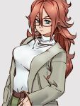  1girl android_21 belt blue_eyes breasts brown_belt coat dragon_ball dragon_ball_fighterz earrings glasses grey_background grey_coat hair_between_eyes hoop_earrings jewelry kemachiku large_breasts long_hair long_sleeves looking_at_viewer red_hair simple_background solo turtleneck 