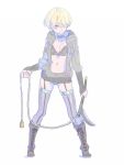  1girl blonde_hair boots bra brown_footwear choker closed_mouth contrapposto cross-laced_footwear eyes_visible_through_hair full_body garter_straps grey_legwear hair_over_one_eye highres hisho_collection holding holding_weapon hood hood_down hooded_jacket jacket legs_apart looking_to_the_side nagisa_kurousagi navel one_eye_covered open_clothes open_jacket original panties purple_choker purple_panties simple_background smile solo standing thighhighs underwear weapon white_background yellow_eyes 