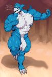  abs anthro balls dialogue digimon digimon_(species) genitals hi_res humanoid_genitalia humanoid_penis looking_at_viewer male muscular muscular_male navel nude orange_background penis simple_background solo sxfpantera thick_thighs veemon 