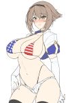  1girl alternate_costume american_flag american_flag_print areola_slip areolae bangs bikini_top black_legwear black_panties blush breasts brown_hair elbow_gloves eyebrows_visible_through_hair flag_print gloves hair_between_eyes hairband harukon_(halcon) highleg highleg_panties highres huge_breasts kantai_collection mutsu_(kantai_collection) navel panties partly_fingerless_gloves short_hair shorts simple_background solo thighhighs underwear white_background white_shorts yellow_eyes 