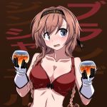  1girl 547th_sy alcohol anchor anchor_symbol background_text bangs blue_eyes blush bra braid breasts cleavage clothes_writing collarbone cup eyebrows_visible_through_hair glass hachimaki hair_ornament headband highres holding kantai_collection large_breasts light_brown_hair long_hair open_mouth propeller_hair_ornament red_background red_bra simple_background solo teruzuki_(kantai_collection) twin_braids underwear upper_body 