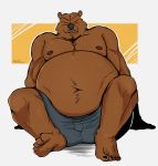  2020 anthro belly bottomwear brown_body brown_fur clothing eyes_closed fur hi_res male mammal moobs navel nipples overweight overweight_male pabloalderfox shorts sitting solo ursid 