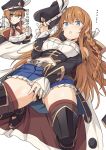  1girl ass bangs belt black_headwear black_legwear black_panties blue_eyes blue_skirt boots braid breasts brown_belt brown_hair cleavage commentary_request eyebrows_visible_through_hair granblue_fantasy hat holding holding_hat large_breasts lecia_(granblue_fantasy) long_hair long_sleeves multiple_views navel panties red_legwear shiseki_hirame skirt spread_legs thigh_boots thighhighs translation_request underwear 