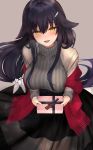  1girl animal_ears azuma_(azur_lane) azur_lane black_hair black_skirt box breasts breath commentary_request floppy_ears fringe_trim gift gift_box grey_sweater hair_ornament hairclip highres holding kinokorec large_breasts long_hair looking_at_viewer open_mouth ribbed_sweater scarf see-through skirt smile solo sweater turtleneck turtleneck_sweater valentine very_long_hair yellow_eyes 