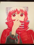  1girl bangs bow capelet covered_mouth eyebrows_visible_through_hair hair_bow hand_up highres long_sleeves marker_(medium) photo poronegi red_capelet red_eyes red_hair sekibanki short_hair solo touhou traditional_media 
