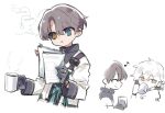  1boy 1other :o black_sclera blue_eyes book closed_eyes coat colored_sclera cup drinking eighth_note gloves grey_gloves grey_hair hands_up heterochromia highres holding holding_book holding_cup image_in_thought_bubble looking_at_viewer medicine_pocket mismatched_sclera multiple_views musical_note reverse:1999 short_hair smile steam thought_bubble upper_body white_background white_coat white_gloves white_hair x_(reverse:1999) yellow_eyes zsuisou 