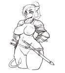  2020 absurd_res anthro areola armor belt big_breasts biped breasts clothing eyebrows eyelashes felid feline felis female fur genitals hair handwear hi_res lion mammal melee_weapon mostly_nude nipples pantherine pussy reccand scar shoulder_pads simple_background solo standing sword thick_thighs topwear weapon wide_hips 