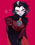 angry anthro avian avian_demon bird black_bottomwear black_clothing black_pants bottomwear breasts cape clothing crossgender demon female frown fur grey_body grey_fur grey_hair hair helluva_boss hi_res owl owl_demon pants pink_background red_clothing red_eyes red_shirt red_topwear shirt short_hair simple_background solo standing stolas_(helluva_boss) teathekook topwear white_face
