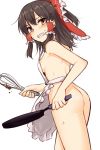  1girl apron ass bangs bare_arms bare_shoulders black_hair blush bow breasts brown_eyes clenched_teeth commentary_request cowboy_shot eyebrows_visible_through_hair frilled_apron frilled_bow frills from_behind frying_pan hair_between_eyes hair_bow hair_tubes hakurei_reimu half_updo holding holding_frying_pan holding_whisk long_hair looking_at_viewer looking_back medium_breasts miyo_(ranthath) naked_apron red_bow sidelocks simple_background solo standing sweat teeth thighs touhou whisk white_apron white_background 