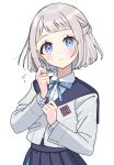  1girl blue_eyes blue_overskirt blue_ribbon blue_skirt blush flying_sweatdrops gakuen_idolmaster grey_hair hair_ribbon half_up_braid hatsuboshi_gakuen_school_uniform highres idolmaster jacket katsuragi_lilja long_sleeves looking_at_viewer lvetica neck_ribbon pleated_skirt ribbon ribbon_braid school_uniform shirt short_hair simple_background skirt solo white_background white_jacket white_shirt 