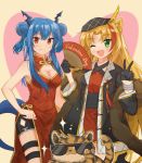  2girls :3 :t ;d alisky animal_ear_fluff animal_ears arknights bangs bare_arms bare_shoulders beige_background bike_shorts black_gloves black_headwear black_jacket black_shorts blonde_hair blue_hair blush breasts ch&#039;en_(arknights) china_dress chinese_clothes chinese_commentary cleavage cleavage_cutout commentary_request cowboy_shot criss-cross_halter double_bun dress eyebrows_visible_through_hair fan fang folding_fan gloves green_eyes hair_between_eyes halterneck hands_up hat_feather heart highres holding holding_fan horns jacket long_hair looking_at_viewer medium_breasts multicolored_hair multiple_girls one_eye_closed open_clothes open_jacket open_mouth red_dress red_eyes red_hair short_shorts shorts sidelocks sleeveless sleeveless_dress smile sparkle standing sunglasses swire_(arknights) tail thigh_strap tiger tiger_ears twintails v valentine very_long_hair 