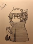  1girl ahoge blank_eyes bow capelet cellphone closed_mouth greyscale hair_bow highres holding holding_phone jitome long_sleeves looking_at_viewer marker_(medium) monochrome phone photo poronegi sekibanki smartphone solo touhou traditional_media translation_request upper_body 